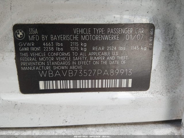 2007 Bmw 335i მანქანა იყიდება აუქციონზე, vin: WBAVB73527PA89913, აუქციონის ნომერი: 44779520