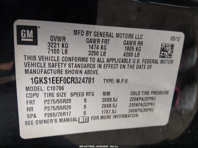 44779536 :رقم المزاد ، 1GKS1EEF0CR324781 vin ، 2012 Gmc Yukon Denali مزاد بيع