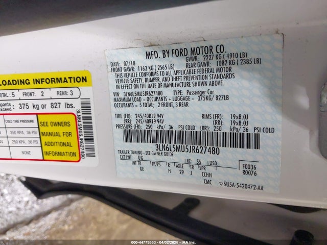 44779553 :رقم المزاد ، 3LN6L5MU5JR627480 vin ، 2018 Lincoln Mkz Hybrid Reserve مزاد بيع