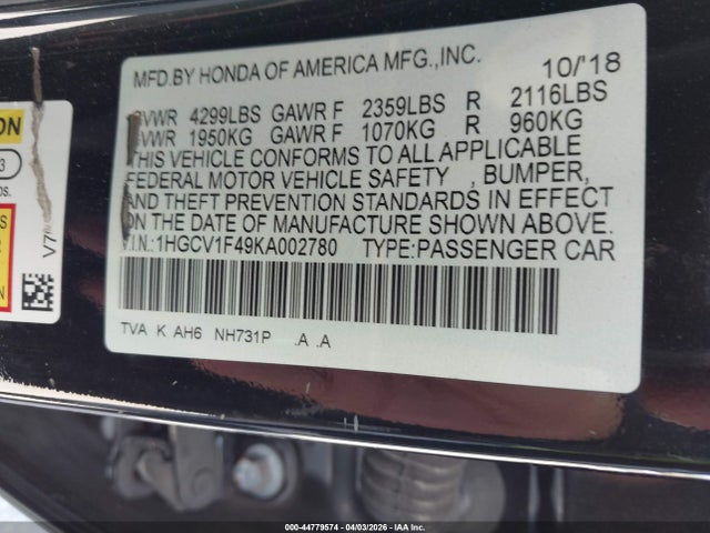 Aukcja sprzedaży 2019 Honda Accord Ex, vin: 1HGCV1F49KA002780, numer aukcji: 44779574