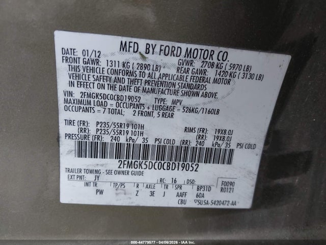 2012 Ford Flex Limited მანქანა იყიდება აუქციონზე, vin: 2FMGK5DC0CBD19052, აუქციონის ნომერი: 44779577