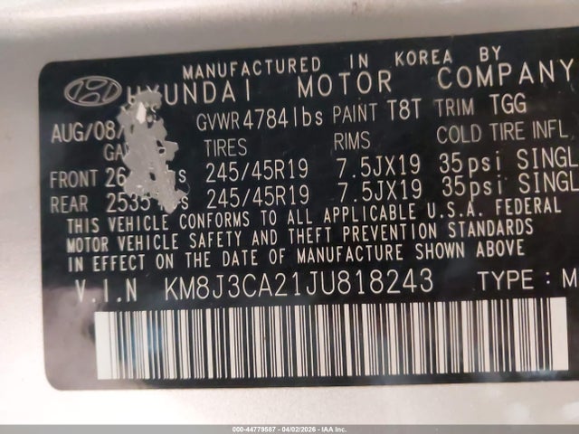 Aukcja sprzedaży 2018 Hyundai Tucson Value, vin: KM8J3CA21JU818243, numer aukcji: 44779587