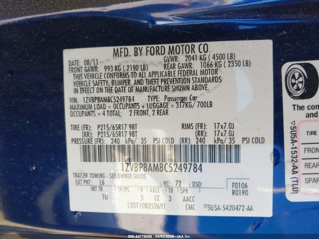 2012 FORD MUSTANG 1ZVBP8AM8C5249784 Photo 8