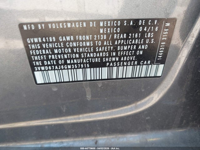 44779600 :رقم المزاد ، 3VWD67AJ6GM357915 vin ، 2016 Volkswagen Jetta 1.4t Se مزاد بيع