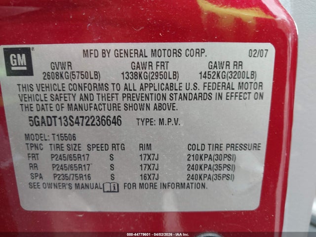 Aukcja sprzedaży 2007 Buick Rainier Cxl, vin: 5GADT13S472236646, numer aukcji: 44779601