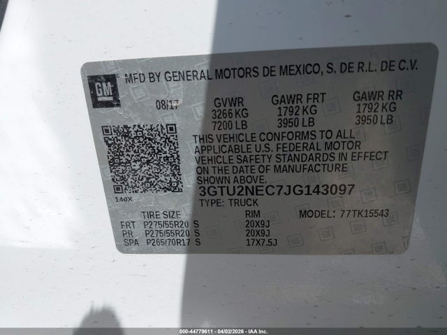 44779611 :رقم المزاد ، 3GTU2NEC7JG143097 vin ، 2018 Gmc Sierra 1500 Slt مزاد بيع