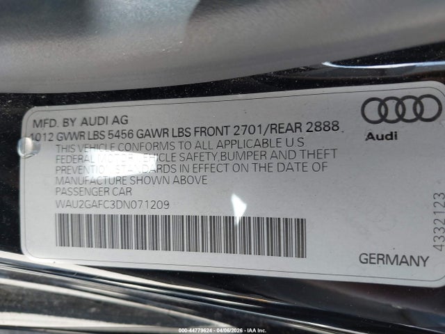 2013 Audi A7 3.0t Premium მანქანა იყიდება აუქციონზე, vin: WAU2GAFC3DN071209, აუქციონის ნომერი: 44779624