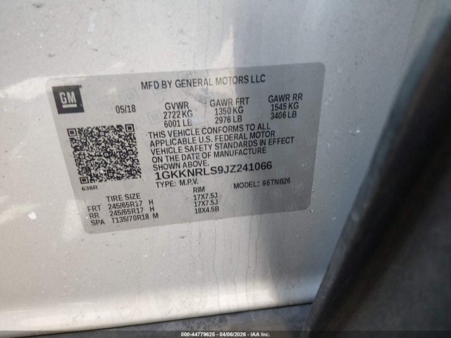 44779625 :رقم المزاد ، 1GKKNRLS9JZ241066 vin ، 2018 Gmc Acadia Sle-1 مزاد بيع