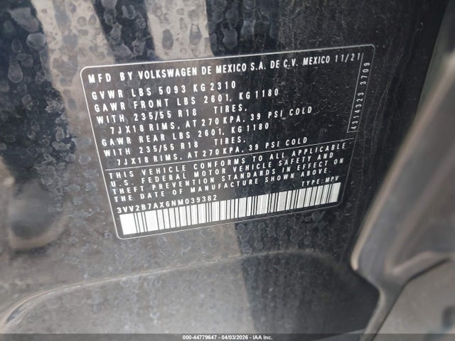 Aukcja sprzedaży 2022 Volkswagen Tiguan 2.0t Se, vin: 3VV2B7AX6NM039382, numer aukcji: 44779647