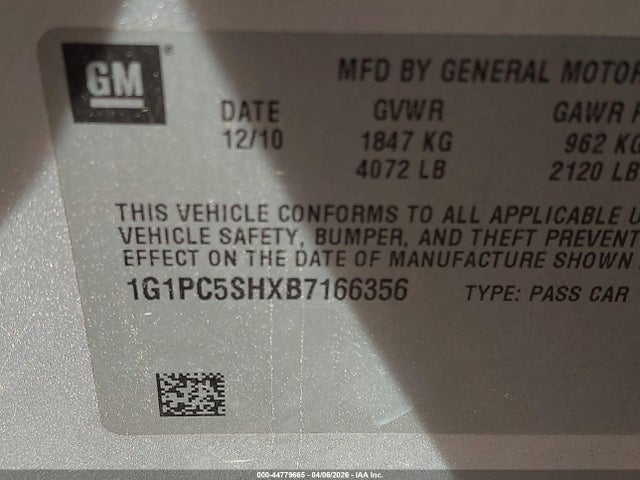 2011 Chevrolet Cruze Ls მანქანა იყიდება აუქციონზე, vin: 1G1PC5SHXB7166356, აუქციონის ნომერი: 44779665