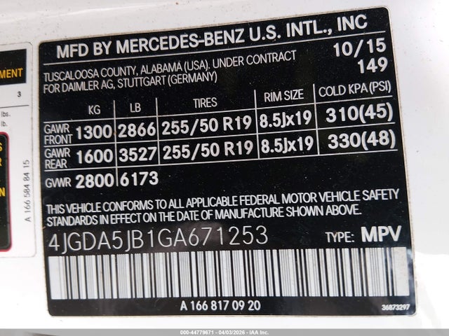 44779671 :رقم المزاد ، 4JGDA5JB1GA671253 vin ، 2016 Mercedes-benz Gle 350 مزاد بيع