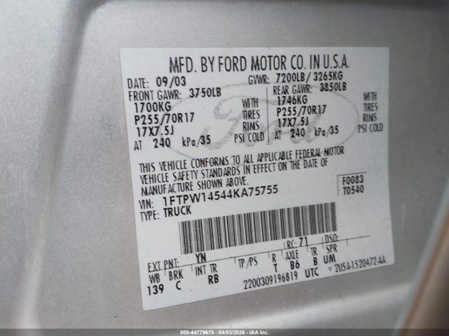 Aukcja sprzedaży 2004 Ford F-150 Fx4/lariat/xlt, vin: 1FTPW14544KA75755, numer aukcji: 44779678