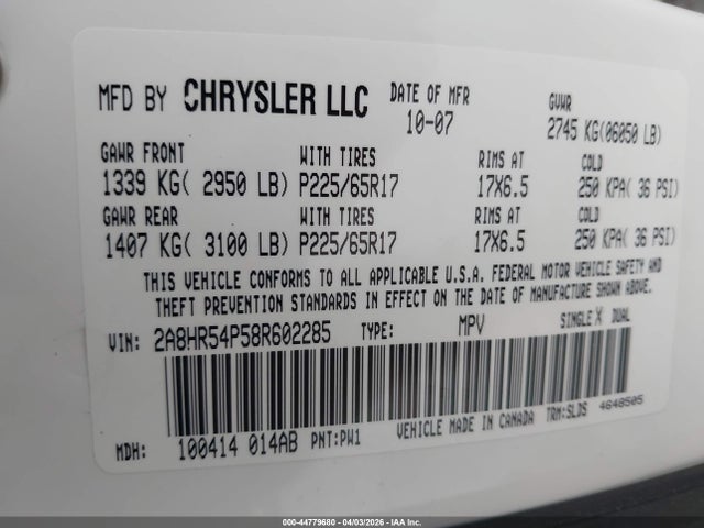 Aukcja sprzedaży 2008 Chrysler Town & Country Touring, vin: 2A8HR54P58R602285, numer aukcji: 44779680