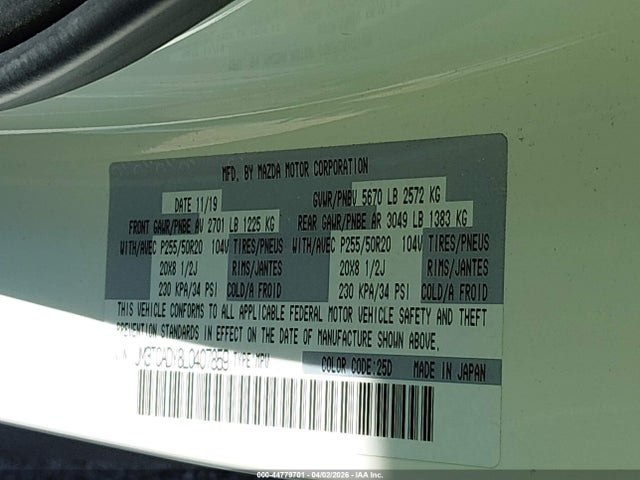 Auction sale of the 2020 Mazda Cx-9 Grand Touring, vin: JM3TCADY8L0407859, lot number: 44779701