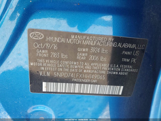 Продажа на аукционе авто 2017 Hyundai Elantra Se, vin: 5NPD74LFXHH149065, номер лота: 44779710