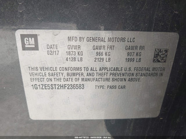 44779723 :رقم المزاد ، 1G1ZE5ST2HF236583 vin ، 2017 Chevrolet Malibu 1lt مزاد بيع