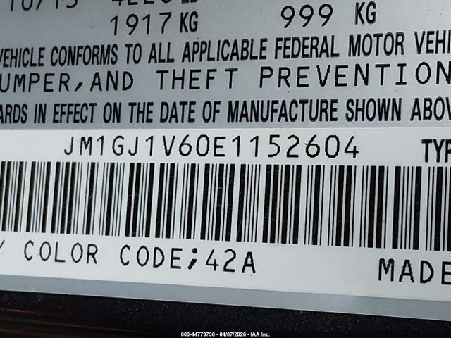 44779738 :رقم المزاد ، JM1GJ1V60E1152604 vin ، 2014 Mazda Mazda6 I Touring مزاد بيع