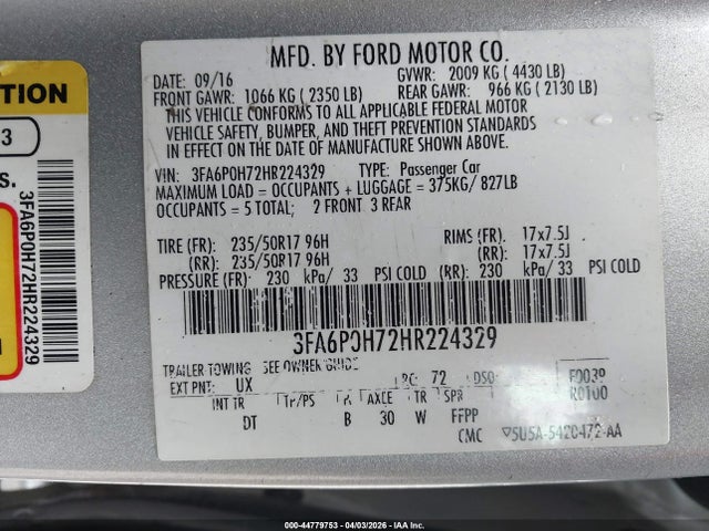 Ford FUSION SE 2017 3FA6P0H72HR224329 Image 9