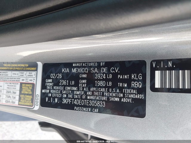44779762 :رقم المزاد ، 3KPFT4DE0TE305833 vin ، 2026 Kia K4 Lxs مزاد بيع