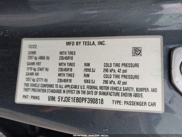 44779769 :رقم المزاد ، 5YJ3E1EB0PF390818 vin ، 2023 Tesla Model 3 Long Range Dual Motor All-wheel Drive مزاد بيع