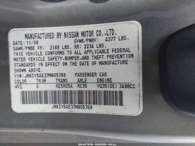 44779786 :رقم المزاد ، JNKCV54E37M905769 vin ، 2007 Infiniti G35 مزاد بيع