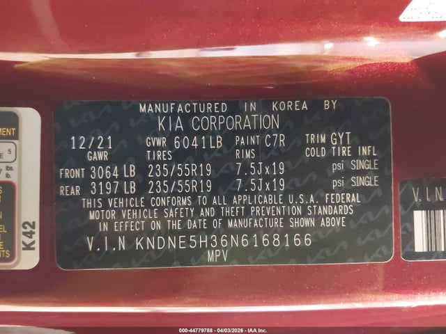 KNDNE5H36N6168166 KIA Carnival Mpv Sx Prestige