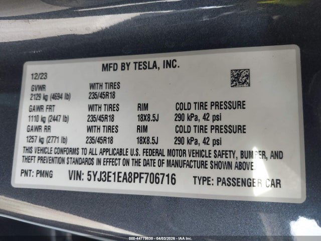 Tesla Model 3 Rear-wheel Drive 2023 5YJ3E1EA8PF706716 Image 9