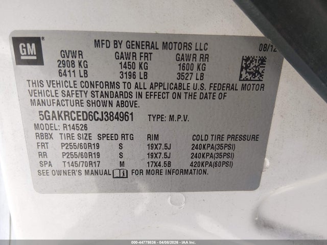 2012 Buick Enclave Leather მანქანა იყიდება აუქციონზე, vin: 5GAKRCED6CJ384961, აუქციონის ნომერი: 44779836
