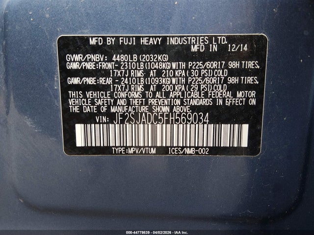 Aukcja sprzedaży 2015 Subaru Forester 2.5i Premium, vin: JF2SJADC5FH569034, numer aukcji: 44779839