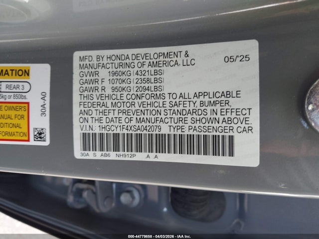 Продажа на аукционе авто 2025 Honda Accord Se, vin: 1HGCY1F4XSA042079, номер лота: 44779858