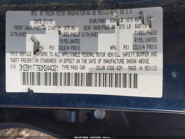 44779859 :رقم المزاد ، 3MZBM1T79GM244021 vin ، 2016 Mazda Mazda3 I Sport مزاد بيع