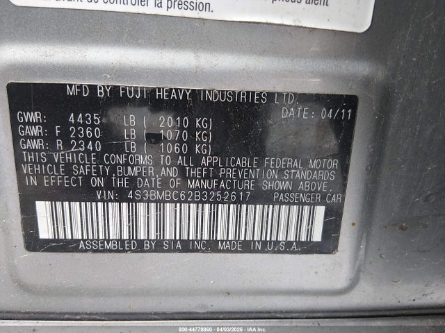 Продажа на аукционе авто 2011 Subaru Legacy 2.5i Prem Awp, vin: 4S3BMBC62B3252617, номер лота: 44779860