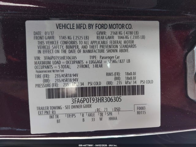 Ford FUSION SE 2017 3FA6P0T93HR306305 Image 9