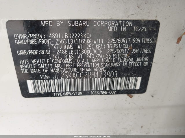 44779871 :رقم المزاد ، JF2SKACC2RH473803 vin ، 2024 Subaru Forester Premium مزاد بيع