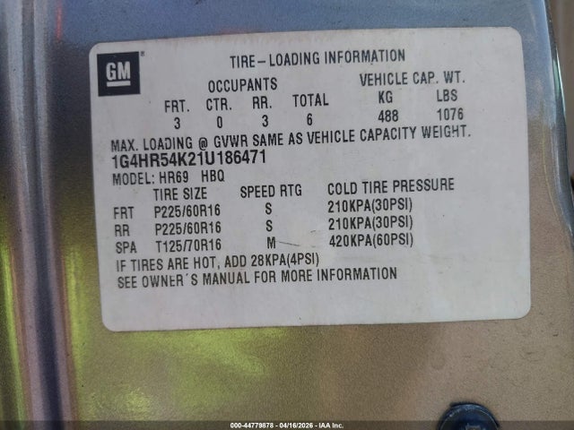 44779878 :رقم المزاد ، 1G4HR54K21U186471 vin ، 2001 Buick Lesabre Limited مزاد بيع