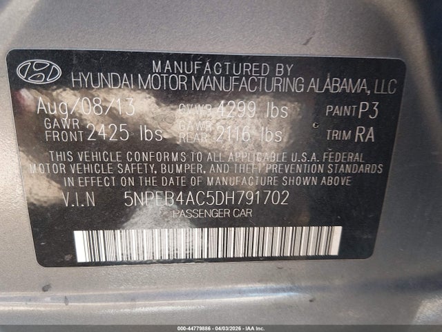 Aukcja sprzedaży 2013 Hyundai Sonata Gls, vin: 5NPEB4AC5DH791702, numer aukcji: 44779886