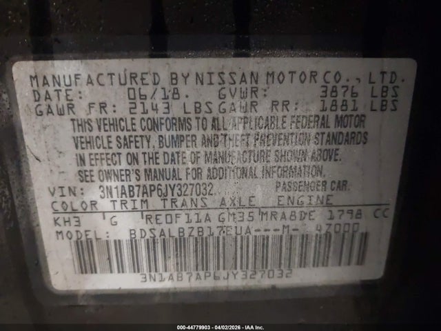 44779903 :رقم المزاد ، 3N1AB7AP6JY327032 vin ، 2018 Nissan Sentra S مزاد بيع