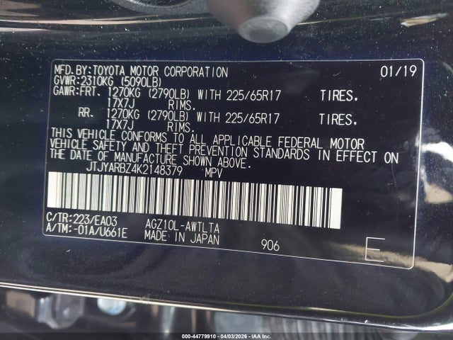 44779910 :رقم المزاد ، JTJYARBZ4K2148379 vin ، 2019 Lexus Nx 300 مزاد بيع
