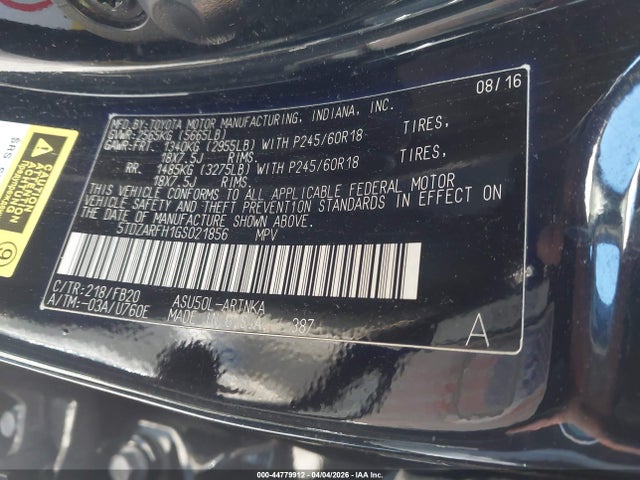 5TDZARFH1GS021856 Toyota Highlander Le