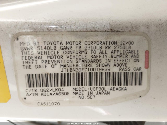 Продаж на аукціоні авто 2001 Lexus Ls 430, vin: JTHBN30F710019838, номер лоту: 44779925