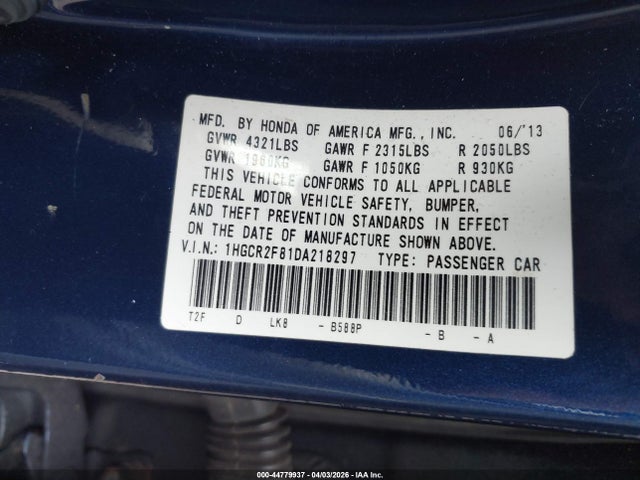 2013 Honda Accord Ex-l მანქანა იყიდება აუქციონზე, vin: 1HGCR2F81DA218297, აუქციონის ნომერი: 44779937