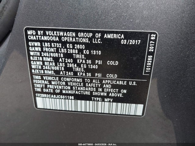 Aukcja sprzedaży 2018 Volkswagen Atlas 3.6l V6 Launch Edition, vin: 1V2BR2CA8JC501196, numer aukcji: 44779950