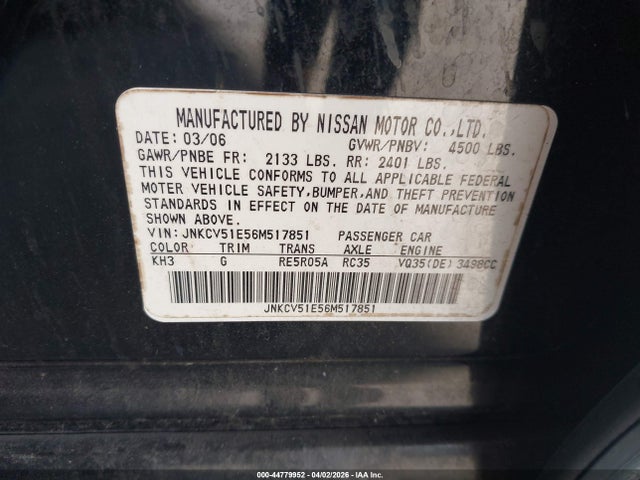 Продаж на аукціоні авто 2006 Infiniti G35, vin: JNKCV51E56M517851, номер лоту: 44779952