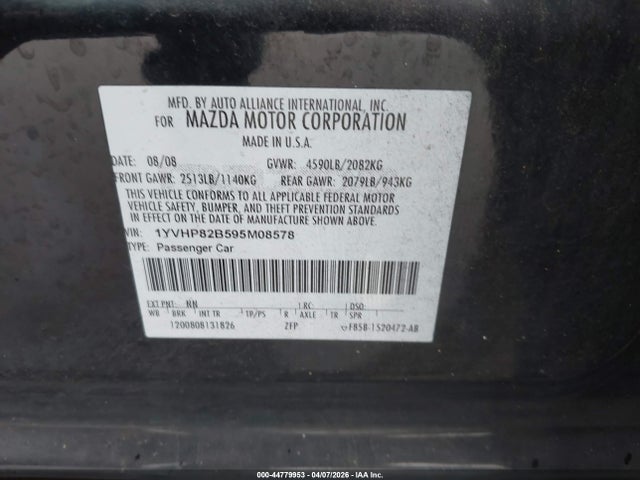 44779953 :رقم المزاد ، 1YVHP82B595M08578 vin ، 2009 Mazda Mazda6 S Grand Touring مزاد بيع