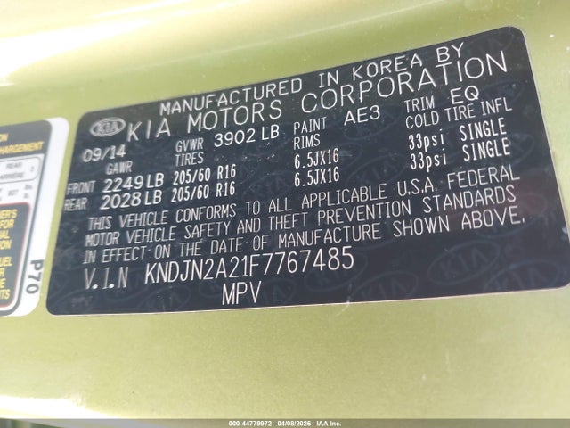 44779972 :رقم المزاد ، KNDJN2A21F7767485 vin ، 2015 Kia Soul مزاد بيع