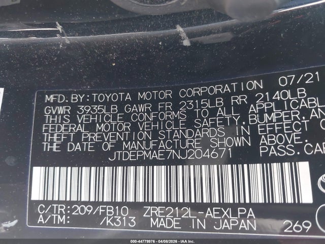 JTDEPMAE7NJ204671 Toyota COROLLA LE