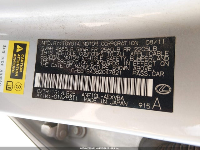 Продаж на аукціоні авто 2011 Lexus Hs 250h, vin: JTHBB1BA3B2047821, номер лоту: 44779981