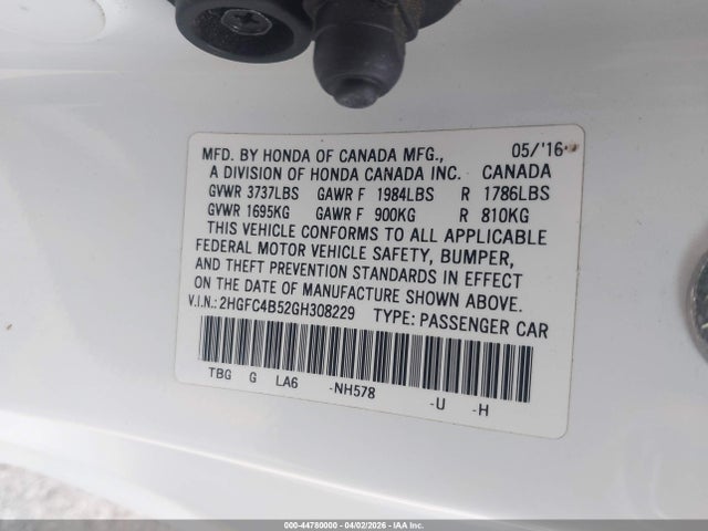Продаж на аукціоні авто 2016 Honda Civic Lx, vin: 2HGFC4B52GH308229, номер лоту: 44780000