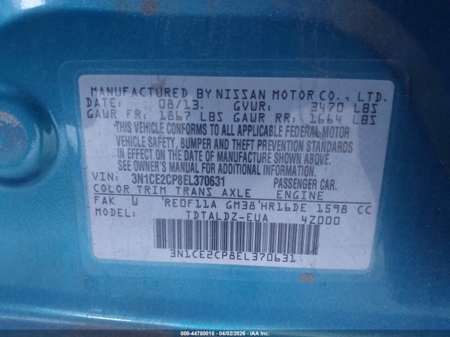 3N1CE2CP8EL370631 Nissan Versa Note Sv