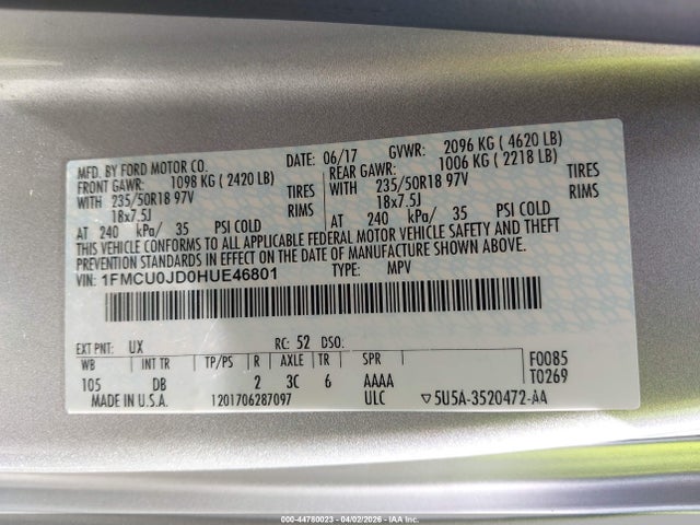 44780023 :رقم المزاد ، 1FMCU0JD0HUE46801 vin ، 2017 Ford Escape Titanium مزاد بيع